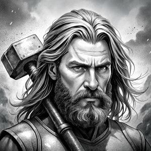 god thor with hammer perfect realistic art, high-definition, high-definition grey and black, white background 