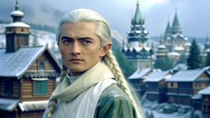 Asian Legolas against the backdrop of Russian houses