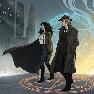 Digital artwork featuring John Constantine and Zatanna. Illustration set in a mystical urban landscape. Zatanna, wearing a flowing black cloak, stands beside John Constantine, who is dressed in a dark trench coat and hat.
