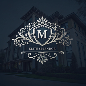Logo design for Elite Splendor featuring stylized monogram M, detailed silver scrollwork, dark background, prominent silver border, and text 'Elite Splendor'