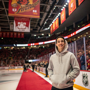 Johnny Gaudreau, wearing a casual hoodie, at a sports hall of fame induction. Vibrant crowd in background.