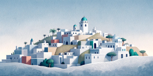 White illustration, Rene magritte style, isolated surrealistic collage of a lot of old Moroccan houses and trees on island, huge ocean and big sky, light pastel colors, asymmetrical composition, zoom out view, grainy texturing paper