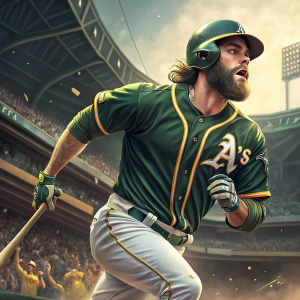Nick Martini, Oakland Athletics player, intense look on his face. Running with baseball bat, green and gold jersey with 'A' logo. White pants. Filled stadium in background.