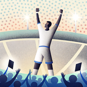 Cristiano Ronaldo, celebrated soccer player, mid-goal celebration. His arms are raised, elated face. The background showcases a sea of cheering fans and flashing camera lights.