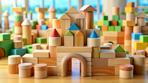 Pile of toy wooden blocks on table. Montessori toys background