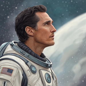 Matthew McConaughey in space suit from epic science fiction film 'Interstellar'. Directed by Christopher Nolan. Co-starring Anne Hathaway, Jessica Chastain.