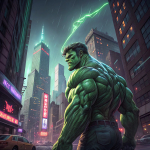 Digital art of the Hulk from Marvel Comics. Standing in a futuristic cityscape with neon lights and towering skyscrapers.