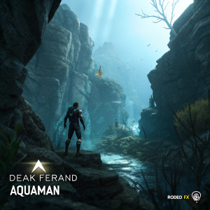Digital art from Aquaman film. Created by Rodeo FX and artist Deak Ferrand. Rocky terrain with Aquaman logo. Intricate details, depth, and dramatic atmosphere.