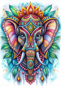 mandala; exotic Elephant head, animal mandala, HINdi, HINDU, afro, exu, judeu colorful traditional tattoo on paper, mandalas, coloring book, white background 