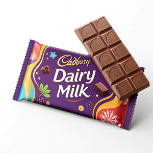 Cadbury Dairy Milk chocolate bar in vibrant packaging. Solid white background, digital ad.