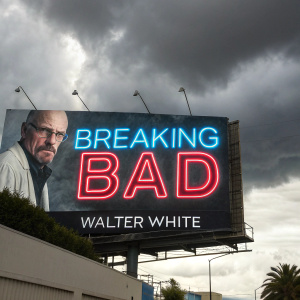 A billboard for 'Breaking Bad' starring Bryan Cranston as Walter White. Set against a stark white backdrop with neon blue and red text. Promoting an upcoming episode with details about the storyline and air date. Dark clouds in the distance.