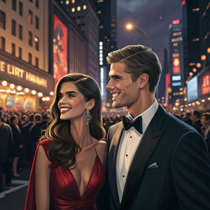 Sara Sampaio and Zac Frognowski on the bustling streets of New York City during a lively night event. Both are dressed in formal attire, with Sara sporting dark brown hair and a radiant smile.