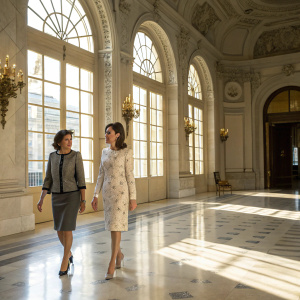 Queen Letizia and Soraya Saenz de Santamaria walking through a grand hall during an official visit. Large windows with sunlight streaming in.