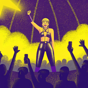 Miley Cyrus at a vibrant music festival. Blonde short hair, smiling widely. Wearing a stylish outfit with a fitted top and leather pants. Surrounded by paparazzi and fans.