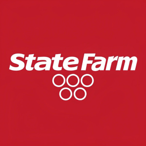 Logo design for State Farm. Modern, clean font featuring company name in bold sans-serif. Stylized symbol to the right of text, geometric shape in white. Vibrant red background.