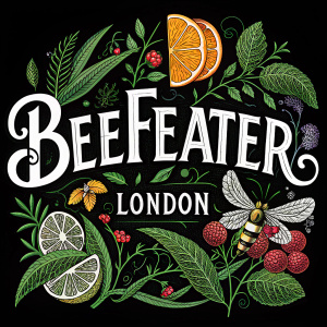 An intricate digital artwork featuring the Beefeater London logo. The design includes large white lettering, lush green foliage, and vibrant citrus elements. Set against a sleek black background.