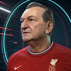 Digital 3D rendering of Bob Paisley's face. Liverpool FC official website screenshot. Futuristic background design