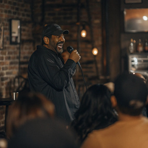 Dave Attell, in black cap and beard, performing at The Stress Factory Comedy Club. Lively audience reaction, vibrant brick wall backdrop.