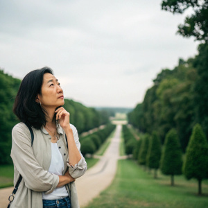 Asian woman, casual outfit, thinking pose, green background, outdoor scene