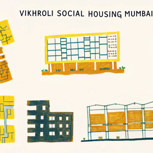 A detailed collage showcasing the Vikhroli Social housing project in Mumbai. Includes floor plans, building designs, modern architecture blending wood and metal, clean layouts, and informative text elements.