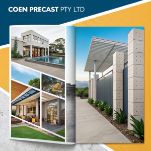 A vibrant marketing brochure showcasing Coen PreCast Pty Ltd's array of precast concrete designs. Sleek and modern layout