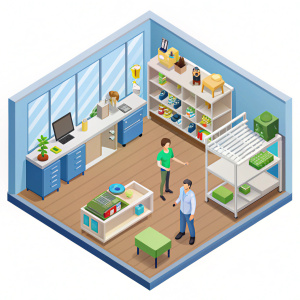 Interior pet shop isometric view care domestic animal furniture equipment worker and client on  white background