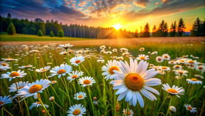 The landscape of white daisy blooms in a field, with the focus on the setting sun. The grassy meadow is blurred, creating a warm golden hour effect during sunset and sunrise time