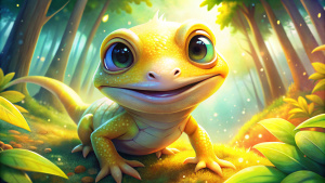 Detailed Anime style. little cute lizard  was happy turned a bright shade of yellow in a colorfull forest.

