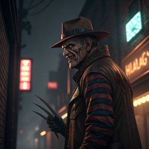 Freddy Krueger, with menacing look, sharp claws, brown hat, standing in front of a dark alley background with flickering neon signs.