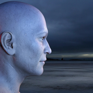 Realistic 3D model of a Caucasian male with a closely shaved head. Dark background, side view