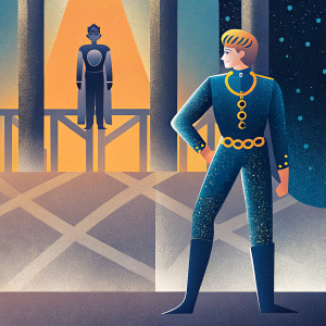 Digital art featuring Giorno Giovanna from JoJo's Bizarre Adventure. He stands confidently, adorned in his signature costume with golden accessories. A mysterious figure, sporting a unique outfit, looms in the background. Vibrant colors and dynamic poses.