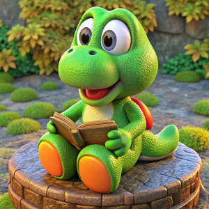 Yoshi from "super mario" sitting on a book