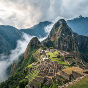 Machu Picchu, an ancient Incan city, nestled high in the Andes mountains of Peru, surrounded by dense forests and dramatic peaks.