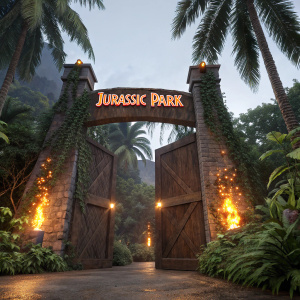 Digital 3D model of Jurassic Park's main entrance. Detailed wooden archway and grand sign. Warm orange lighting with flickering flames. Surrounding lush tropical foliage and towering palm trees. High resolution, photorealistic