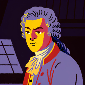 Black and white engraving of Wolfgang Amadeus Mozart. Curly wig and cravat. Focus on upper torso and face. Fine lines and shading for depth.