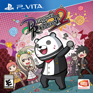 Cover art for Danganronpa 1.2 Reload, PlayStation Vita game. Foreground dominated by cartoon bear figure. Background a mix of shapes and colors, resembling a chaotic yet whimsical digital pop art illustration.