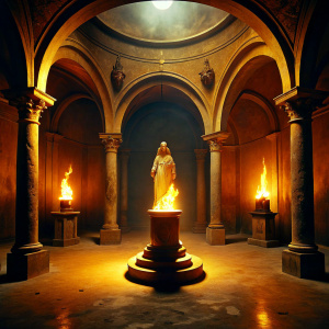 cinematic still ,dark underground room with contour light, renaissance statue on fire, in renaissance style