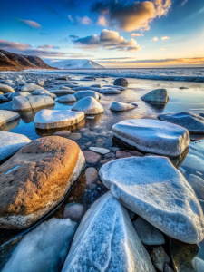 large flat stones on the background of icy rocks