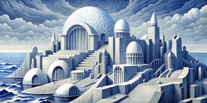 White illustration,  surrealism style, structural aesthetics, a lot of sophistic metallic architecture, huge ocean and sky, white, grainy paper