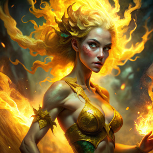 yellow fire nymph, irritation, digital rendering, cloisonnism, sots art, Natural Beauty, Glimmer, epic fantasty card game art

