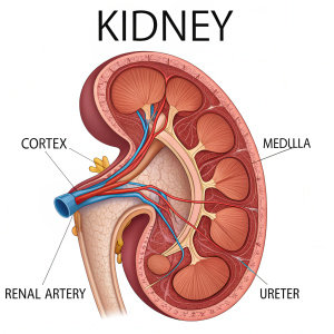 Detailed illustration of a human kidney anatomy. Features include kidney, capsule, cortex, medulla, renal columns, renal artery, and ureter.