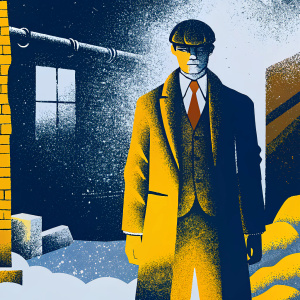 Michael Gray from Peaky Blinders, in a dark brown suit and red tie, standing in a dimly lit alleyway.