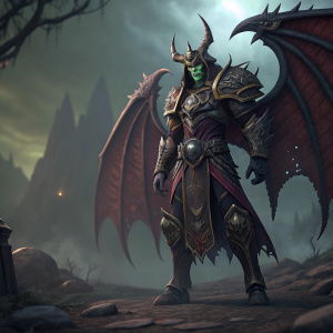 Mal'Ganis, the dreadlord from Warcraft, in a vivid 3D digital art. Fantasy setting with intricate armor and menacing wing-like structures