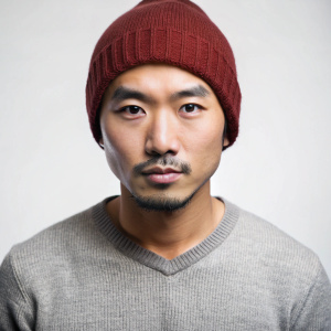 Portrait of asian man wearing sweater and beanie white background 
