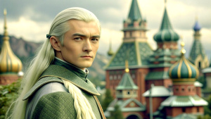 Asian Legolas against the backdrop of Russian houses