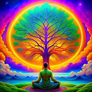 ARBOL DE LA VIDA HEBREO CON SIMBOLOS DE LA KABALA Y UN ANCIANO MEDITANDO