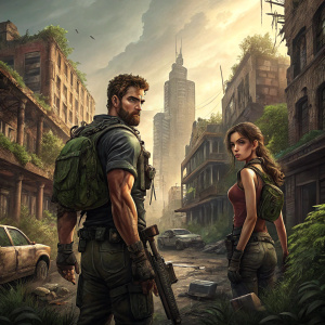 Video game screenshot: Chris Redfield and Sheva Alomar, standing in a post-apocalyptic city, surrounded by crumbling buildings and overgrown vegetation.