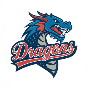 Logo featuring a fierce dragon mascot for Carolina Dragons baseball team. Vibrant blue color scheme with fiery accents. Cursive 'Dragons' text in dynamic, aggressive style.