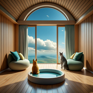 A Cat and a Dog are watching the view from the window in the large room of a 3D house.