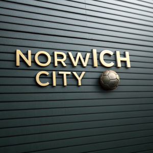 Norwich City FC logo, bold 'NORWICH CITY' in metallic uppercase letters. Dark textured backdrop. Muted corrugated metal surface with soccer ball in metallic tone.